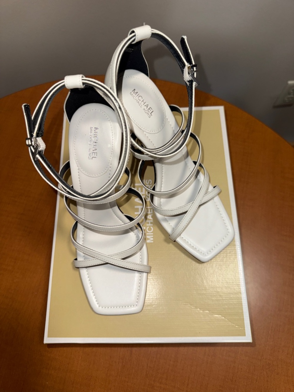 Michael Kors White Imani Strappy Square-Toe Heeled Sandals Patent Leather - Picture 2 of 5